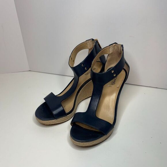 Michael Kors Navy Leather Stylish T Strap Open Toe Heeled Sandals Espadrilles - Picture 1 of 10